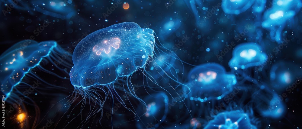 Bioluminescent plankton glowing in the dark waters of the deep sea Bioluminescent plankton glowing in the dark waters of the deep sea