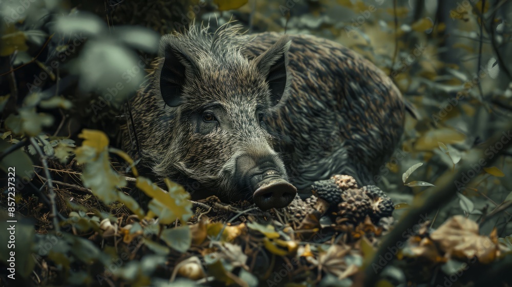 Truffle-Hunting Wild Boar Rooting in Forest Undergrowth