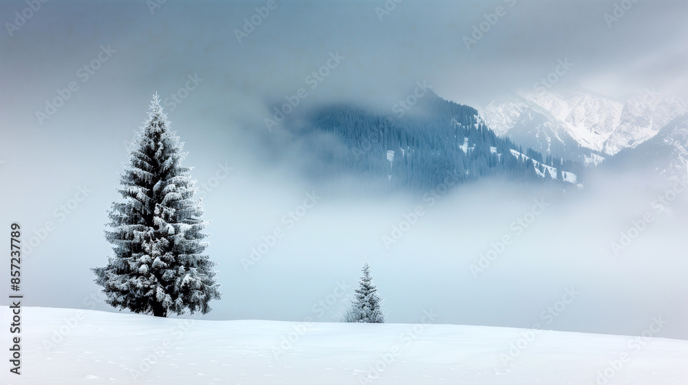 Naklejka premium snowy landscape with pine trees in the mist