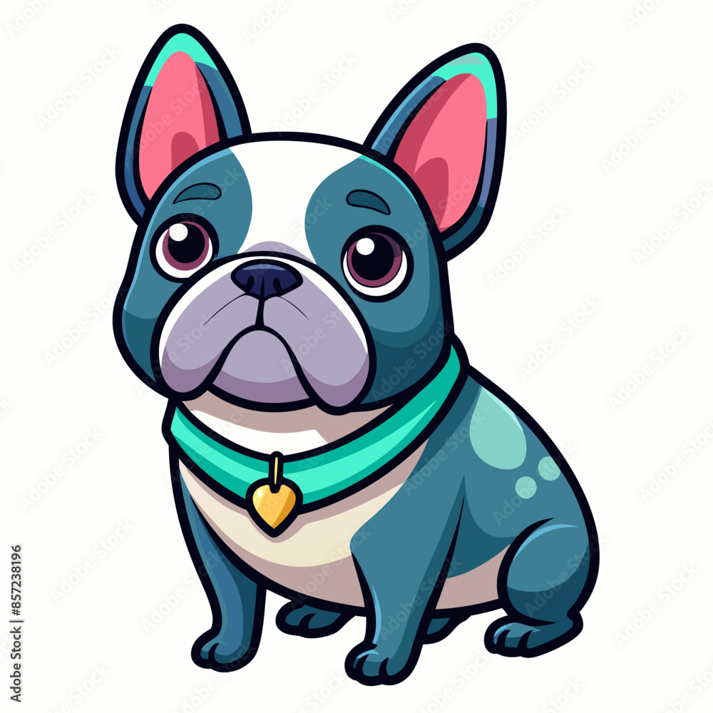 Illustration of an endearing cartoon French Bulldog wearing a collar and a heart design Illustration of an endearing cartoon French Bulldog wearing a collar and a heart design