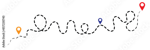Route icon - two points with dotted path and location pin. Route location icon two pin sign and dotted line. Travel vector icon. Travel from start point and dotted line tracing.