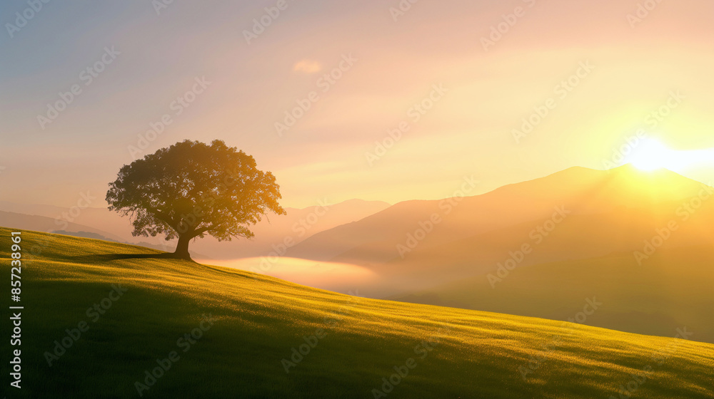 Obraz premium sunset over rolling hills with a lone tree