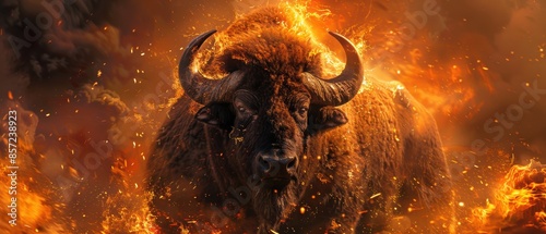 Buffalo roaring amidst fiery bursts, capturing raw power and intense nature