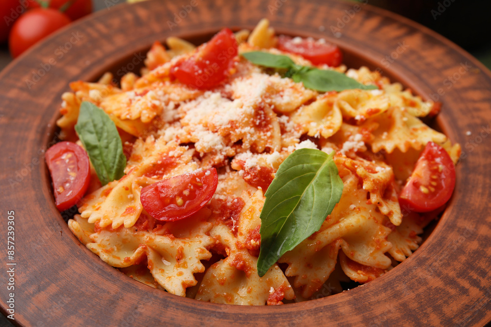 Fototapeta premium Tasty pasta with tomato, cheese and basil on table, closeup