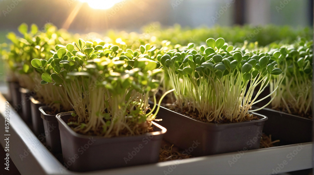 Fresh microgreens growing in containers at home. Organic gardening of sprouts and microgreens from seeds, close up Fresh microgreens growing in containers at home. Organic gardening of sprouts and microgreens from seeds, close up