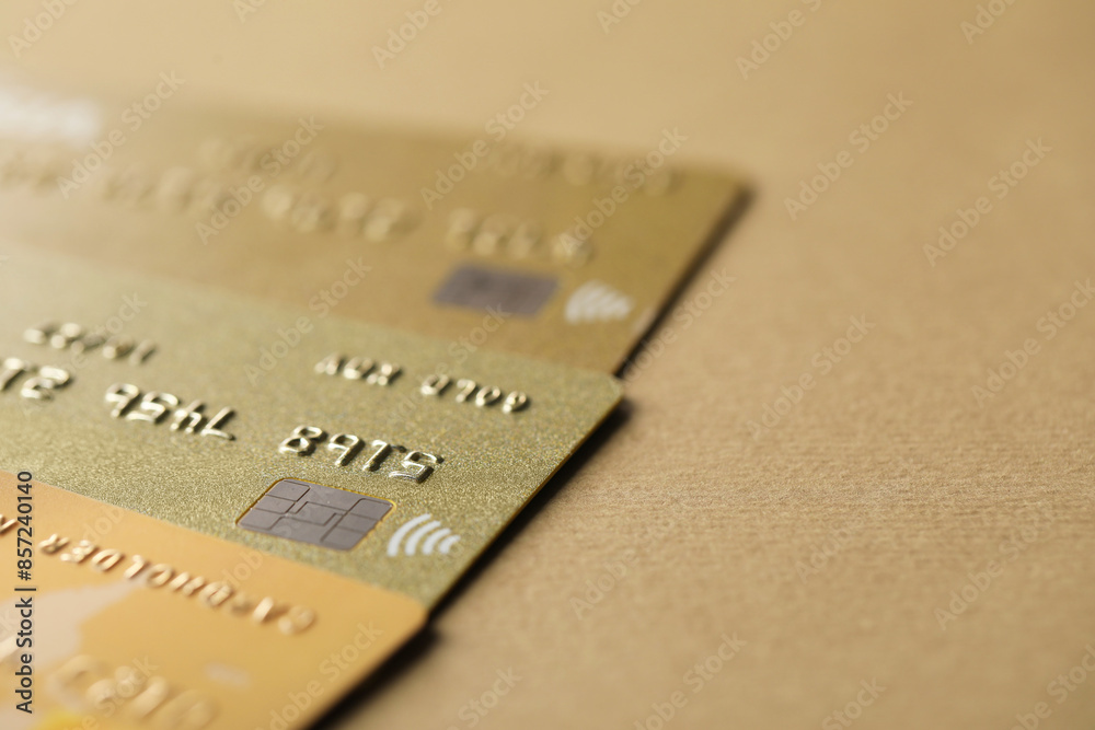 Different credit cards on table, closeup view. Space for text Different credit cards on table, closeup view. Space for text