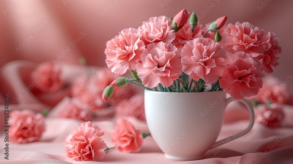 Pink carnations in a white mug on a pink fabric background, close up. Floral arrangement and romantic concept Pink carnations in a white mug on a pink fabric background, close up. Floral arrangement and romantic concept