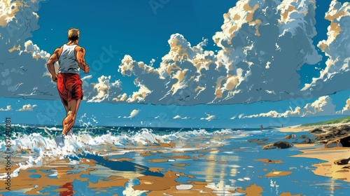 Artwork of a Running Man on the Beach photo