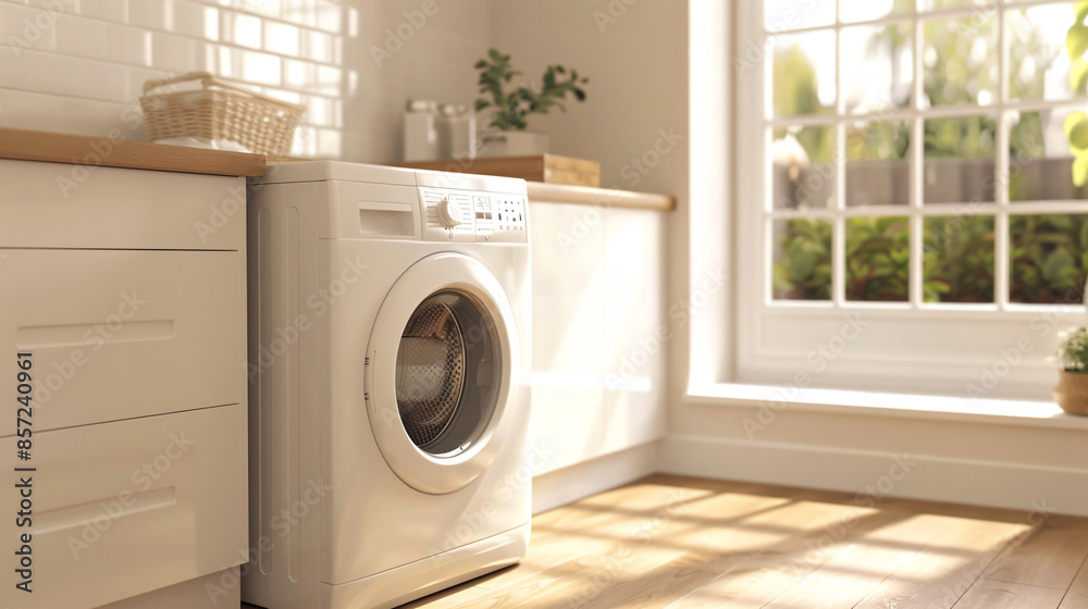 Modern Laundry Room with White Washing Machine and Sunlight. Modern Laundry Room with White Washing Machine and Sunlight.