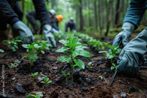 A group of people planting trees in a reforestation effort, with young saplings and gardening tools visible.  © Nico