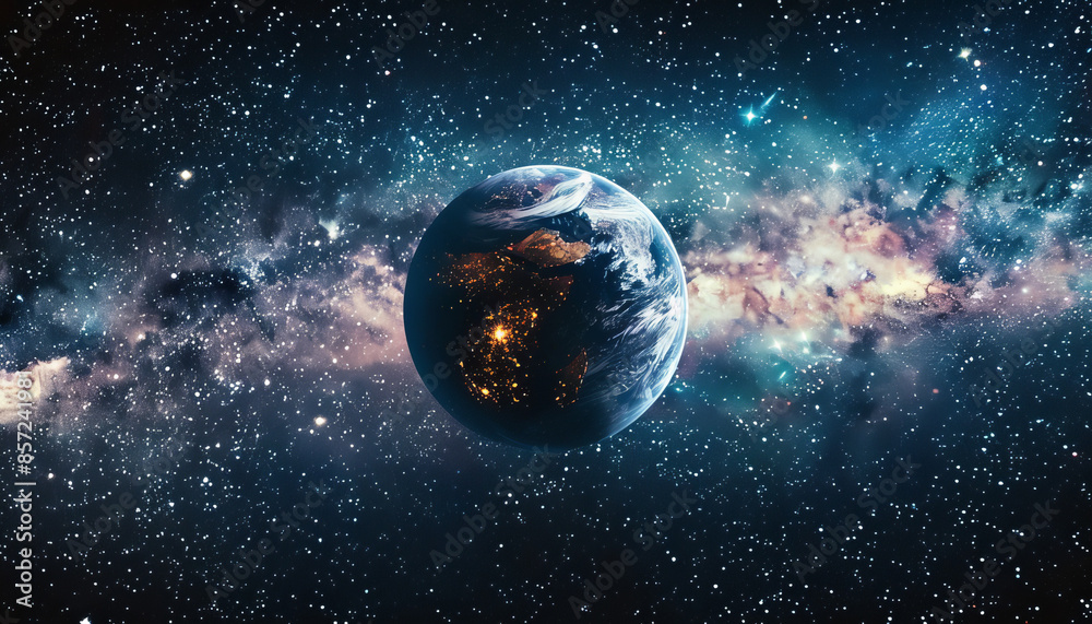 Obraz premium A planet is floating in space with a bright light shining on it by AI generated image