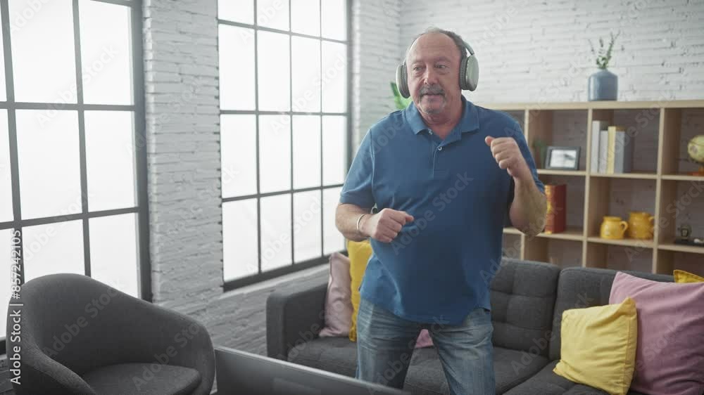 A mature man with headphones dances joyfully in a bright living room with modern decor. A mature man with headphones dances joyfully in a bright living room with modern decor.