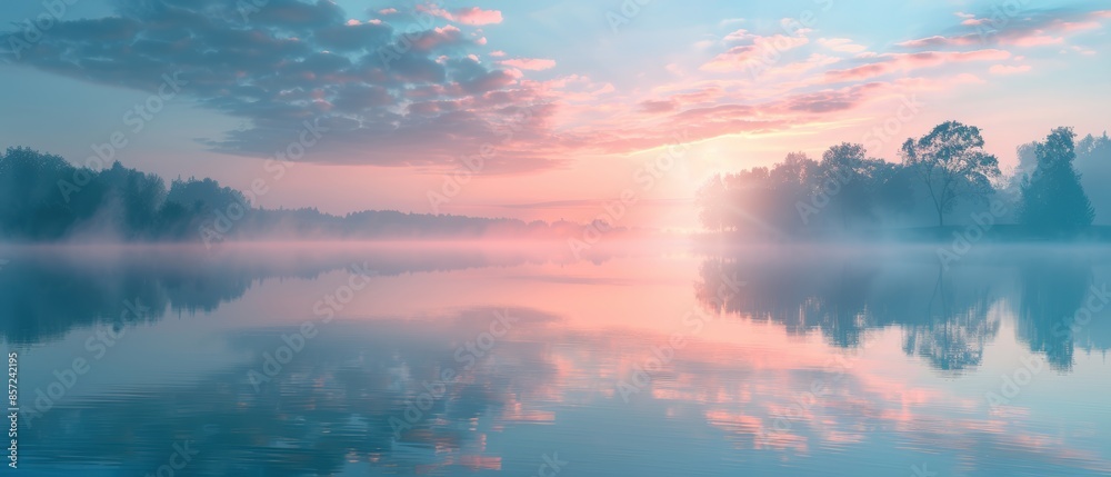 Fototapeta premium Clear background of a calm lake at dawn, with mist rising and soft pastel colors, perfect for peaceful themes