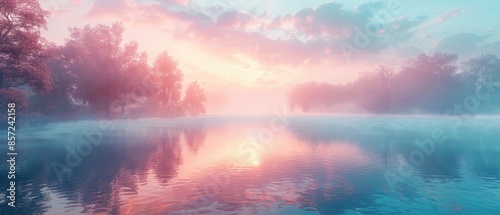 Clear background of a calm lake at dawn, with mist rising and soft pastel colors, perfect for peaceful themes