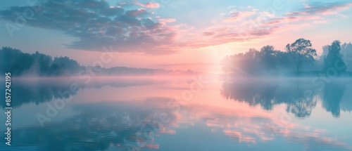 Clear background of a calm lake at dawn, with mist rising and soft pastel colors, perfect for peaceful themes
