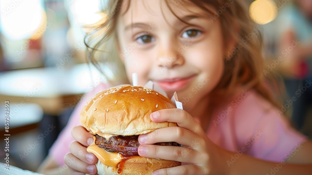 A young girl, beaming with happiness, holds a burger in a lively restaurant setting, capturing the joy of enjoying delicious food in a vibrant, social place. A young girl, beaming with happiness, holds a burger in a lively restaurant setting, capturing the joy of enjoying delicious food in a vibrant, social place.