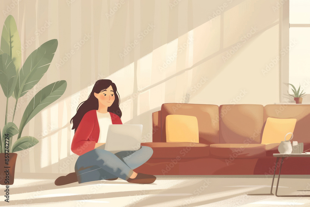 Woman working on laptop in sunlit, cozy living room Woman working on laptop in sunlit, cozy living room