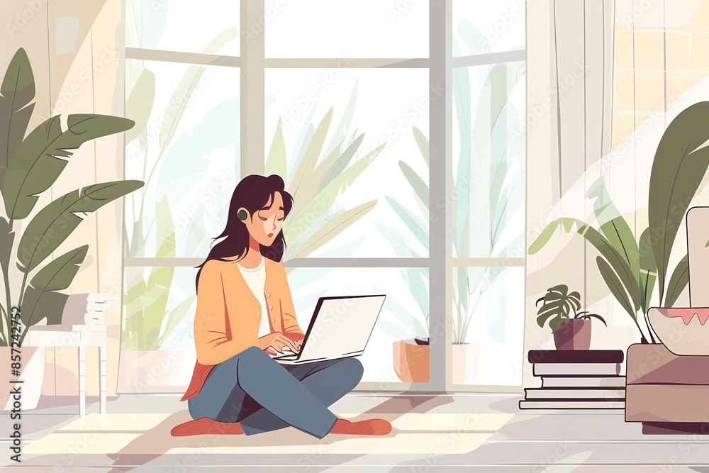 Woman focuses on laptop in bright green space