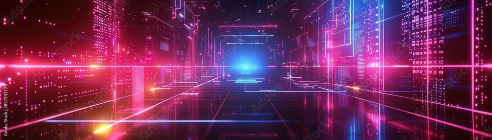 Fototapeta premium 3D illustration of a digital haunted house with holographic ghosts and neon light patterns, modern and spooky