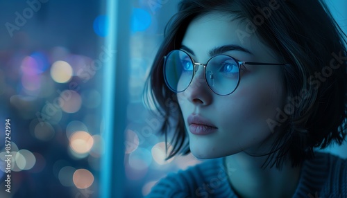 Woman with glasses and short hair, looking out of a window, cityscape at dusk