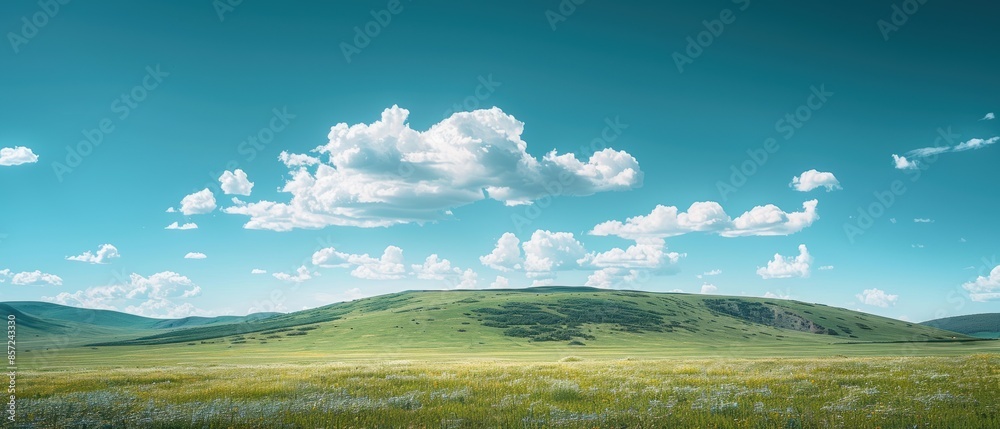 Clear sky with a few fluffy white clouds over a rolling green meadow, perfect for a peaceful and idyllic countryside scene, Photography, taken with a 35mm lens, Clear sky with a few fluffy white clouds over a rolling green meadow, perfect for a peaceful and idyllic countryside scene, Photography, taken with a 35mm lens,