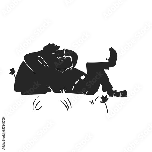 Vector Cartoon of a Funny Silhouette of a Man Relaxing Lying on the Grass