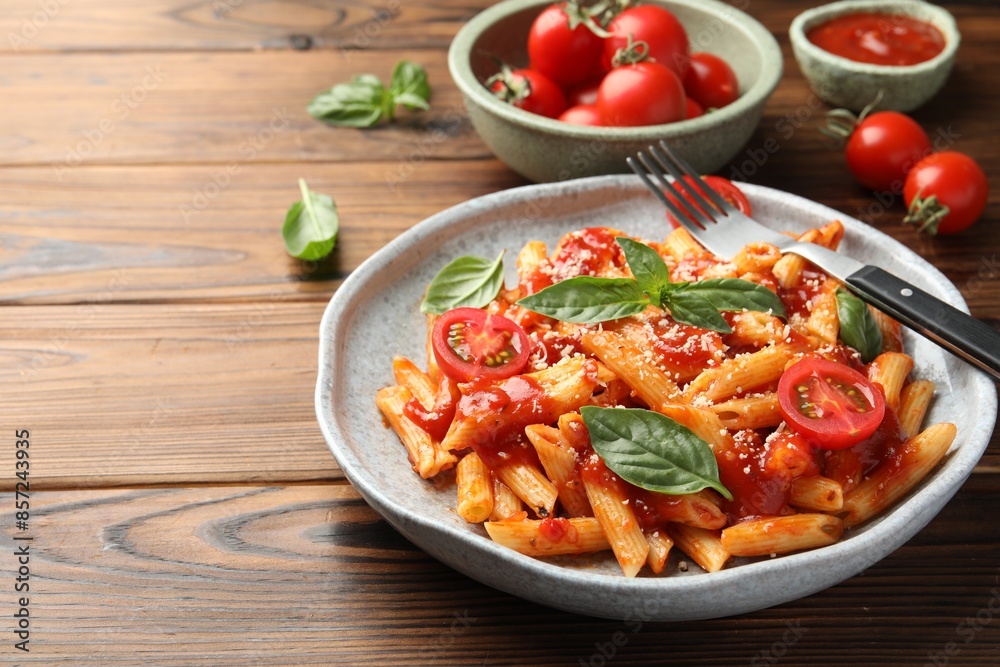 Delicious pasta with tomato sauce, basil and cheese served on wooden table, closeup. Space for text