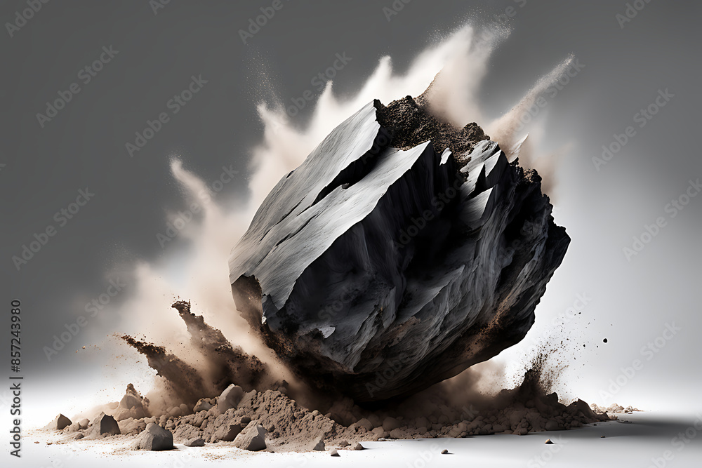 Obraz premium Rock stone white background fall black falling space isolated splash dust mountain cliff flying. Earth stone boulder texture rock abstract broken powder white dirt blast float burst fantasy surface. 