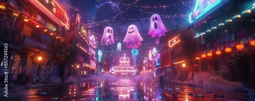 3D scene of a spooky carnival with glowing rides and holographic ghosts, vibrant colors, and eerie atmosphere