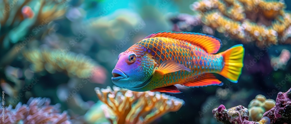 Close-up of a brightly colored parrotfish feeding on coral Close-up of a brightly colored parrotfish feeding on coral