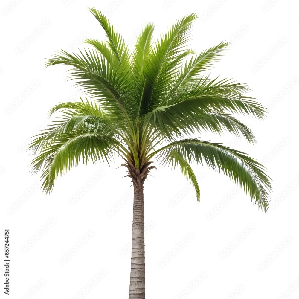 Obraz premium A tall palm tree with lush green fronds against a white background