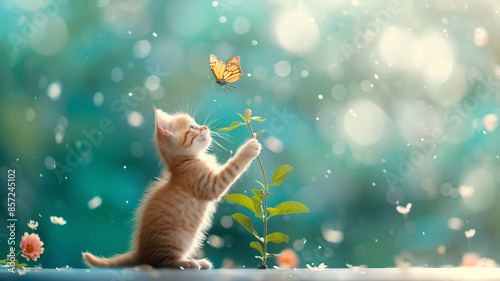 Lively and adorable kitten playing outdoors with butterflies. Outdoor background looks blurry. photo