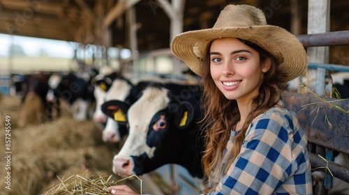 A young woman in a checkered shirt and straw hat poses with a wide smile near cows in a barn, epitomizing the cheerful and pastoral lifestyle of farm living. photo