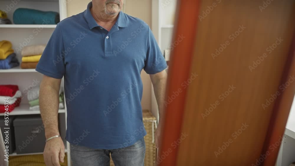 A senior man with a moustache stands in a well-organized clothing room reflecting on his wardrobe choices. A senior man with a moustache stands in a well-organized clothing room reflecting on his wardrobe choices.