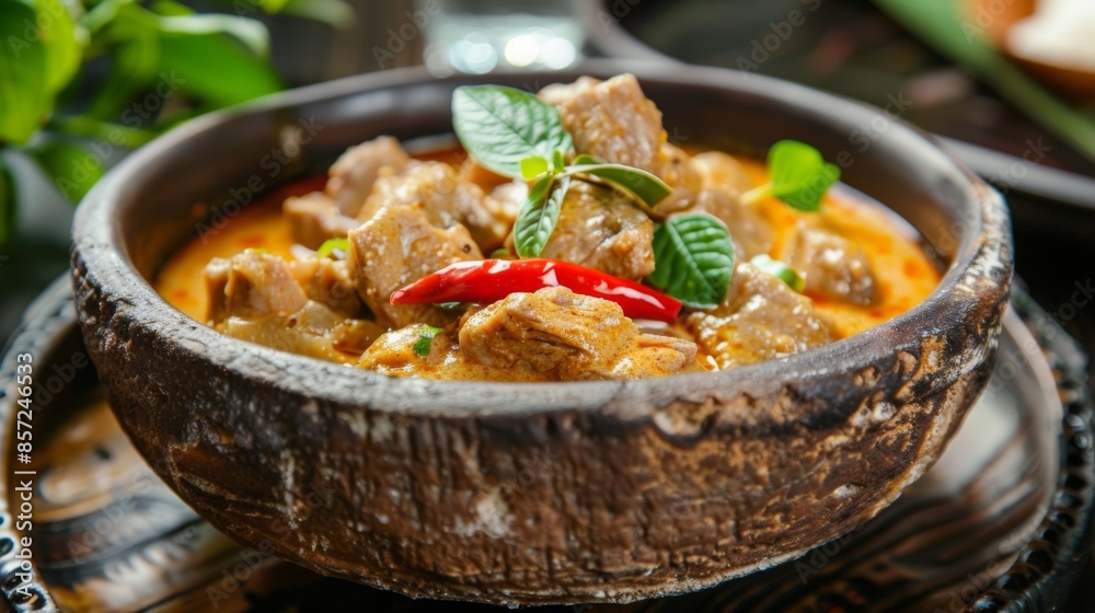 The cuisine of French Polynesia. Pork in a curry with taro roots. The cuisine of French Polynesia. Pork in a curry with taro roots.