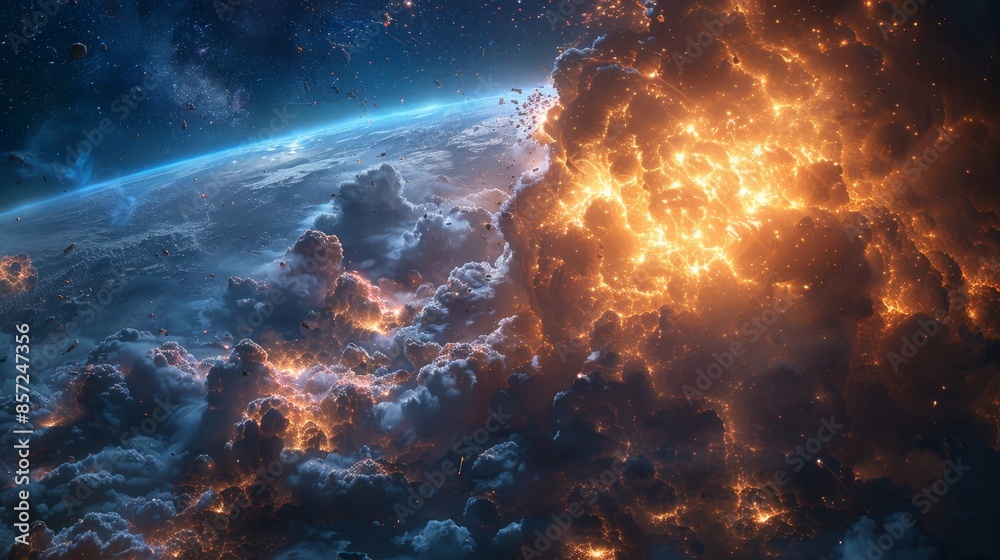 Fototapeta premium Apocalyptic scene depicting a catastrophic meteor impact on Earth with fiery clouds and debris in space