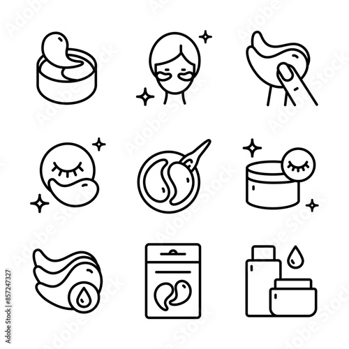 Eye gel patches line icons set. Simple illustrations of eye mask. Contour isolated vector signs set on white background. Trend care products signs collection.