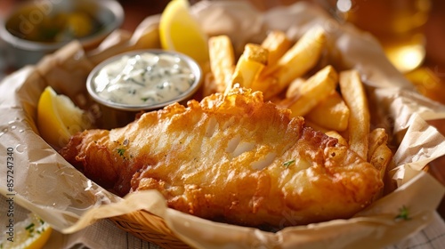 Traditional British Fish and Chips with Tartar Sauce on the Side