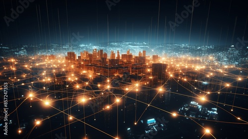 Futuristic visualization of a complex network with glowing data connections in vibrant blue and pink