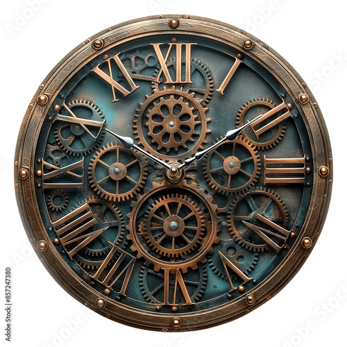 Steampunk inspired clock featuring intricate gears isolated on transparent background