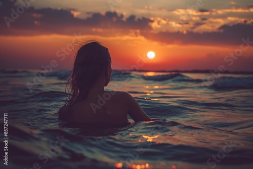 Woman swimming alone in the sea at sunset, "Serene Sunset, Woman Swimming Alone in the Tranquil Sea, Solo Swim at Sunset, Embracing the Peace of the Ocean © MH