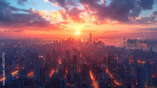 Futuristic cityscape with towering skyscrapers and advanced infrastructure illuminated at sunset.
