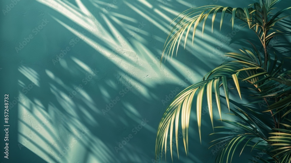 Vibrant Monstera fronds casting shadows on a teal wall, highlighting the interplay of light and shadow, creating a tropical and dynamic visual effect.