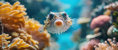 Close-up of a pufferfish swimming near coral photo