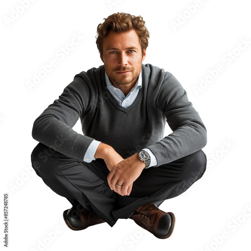 Front view full body shot of an extremely handsome Caucasian man in a gray sweater and black trousers with dress shoes sitting on the floor, smiling and isolated on a white transparent background