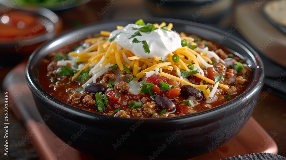 Bowl of hearty chili topped with shredded cheese and sour cream Bowl of hearty chili topped with shredded cheese and sour cream