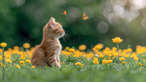 An adorable kitten playing outdoors with butterflies. The outdoor background looks blurry. photo