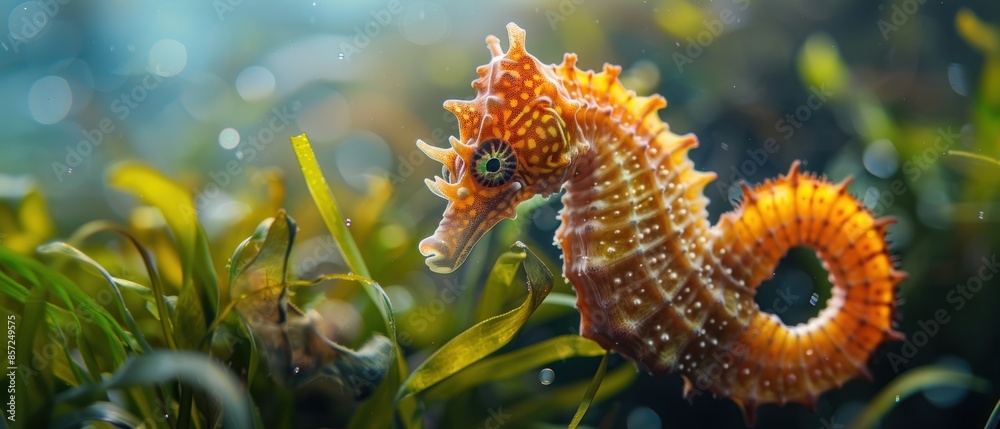 Close-up of a seahorse holding onto sea grass