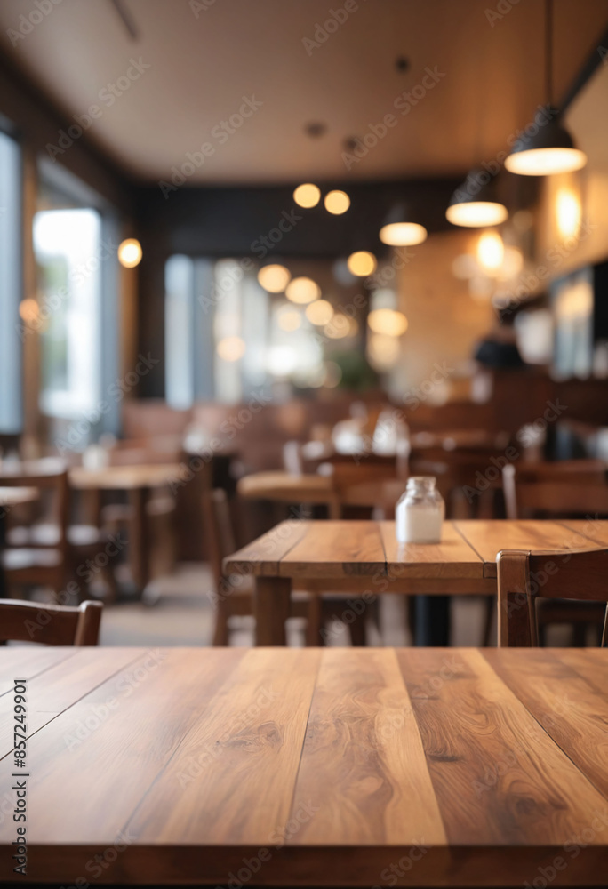 Mockup with wooden table in blurred restaurant background - Product display Mockup with wooden table in blurred restaurant background - Product display