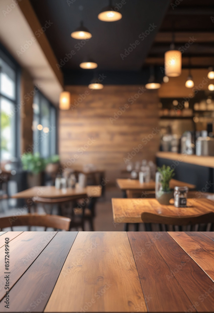 Mockup with wooden table in blurred restaurant background - Product display Mockup with wooden table in blurred restaurant background - Product display